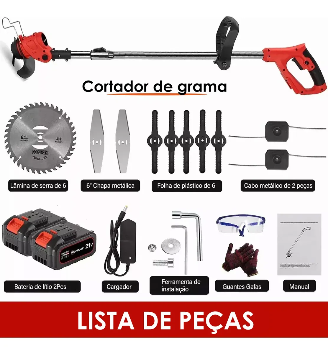 Aparador de Grama sem Fio 21 V 800 W com 2 Baterias e Acessórios — foto 2