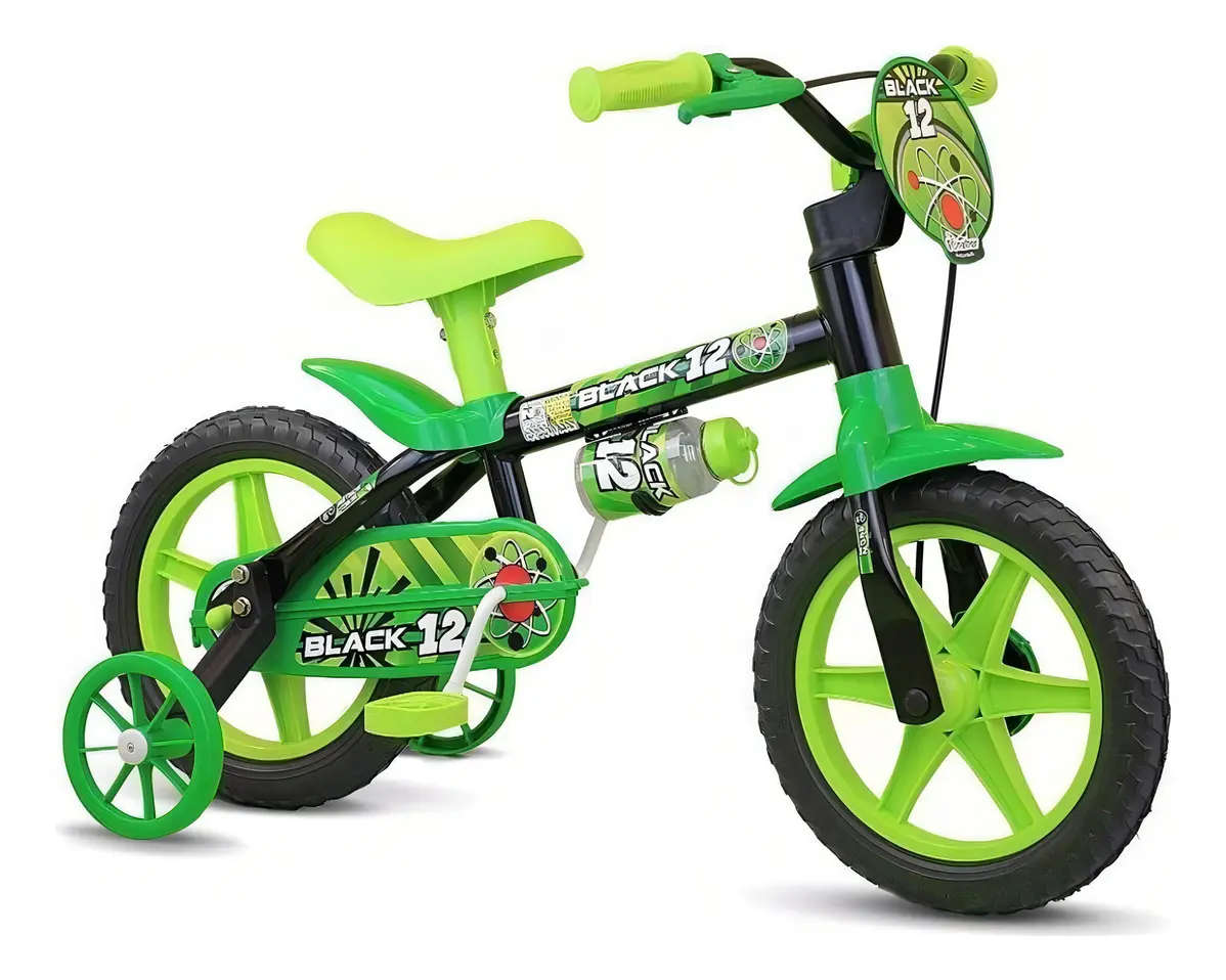Nathor Black 12 Bicicleta Infantil Aro 12 Preto e Verde com Rodinhas