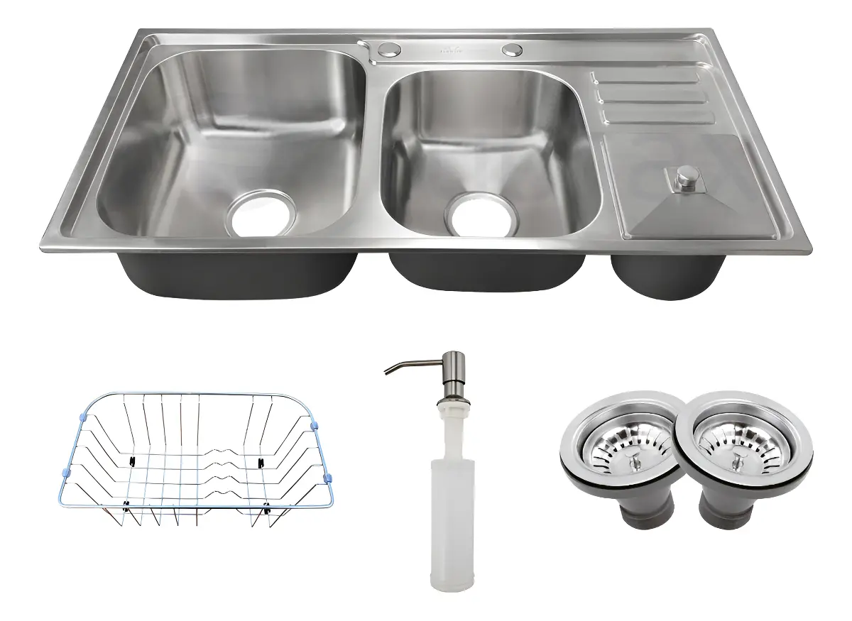 Cuba Dupla Gourmet Tubrax Aço Inox 304 92x45cm com Lixeira Cinza