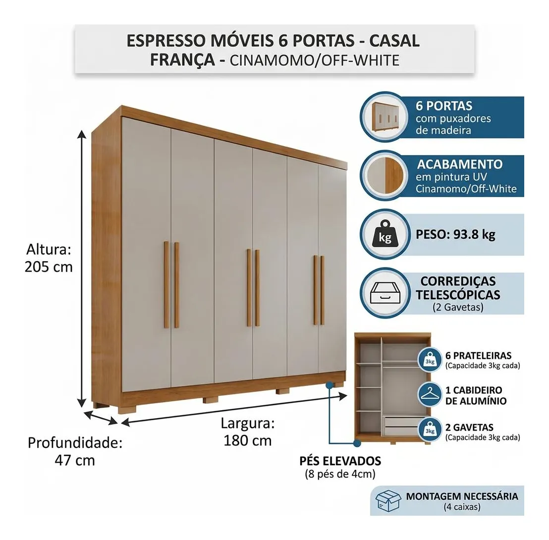 Guarda-roupa Casal 6 Portas 2 Gavetas França — foto 2